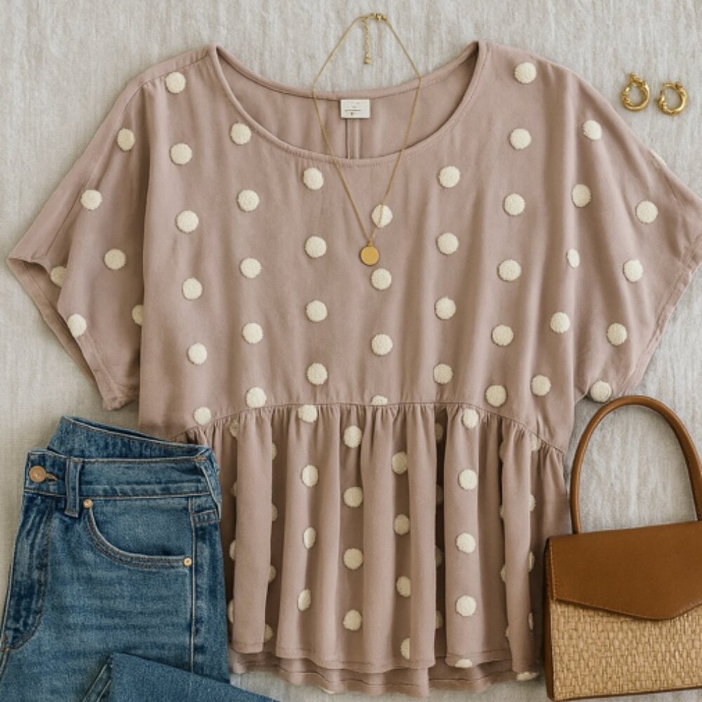 Perch by Blu Pepper, Women's 3XL,  Dusty Rose, Textured Swiss Dot Peplum Top